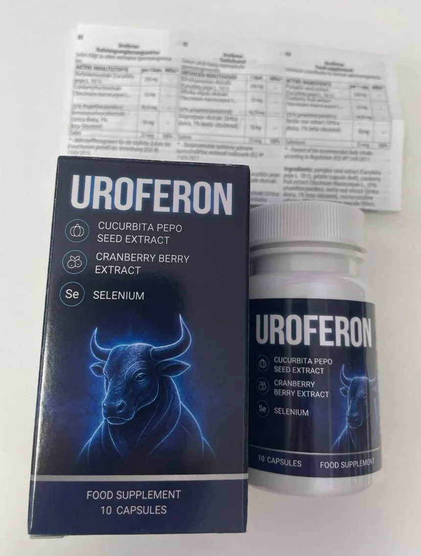 UROFERON original: frasco, caja con el toro azul y cápsulas